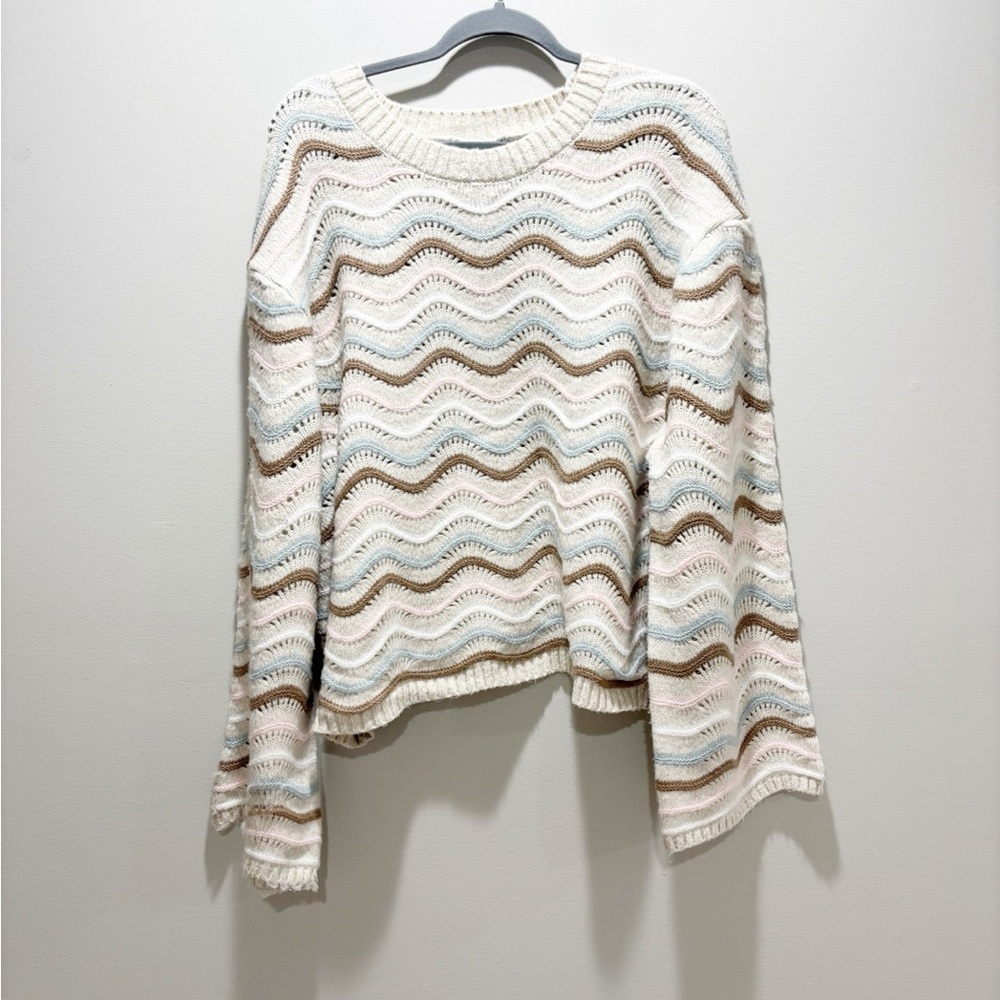 Love Knits NYC NEW Cozy Wave Knit Crewneck Sweater - Cream Multi Bell Sleeve 3X